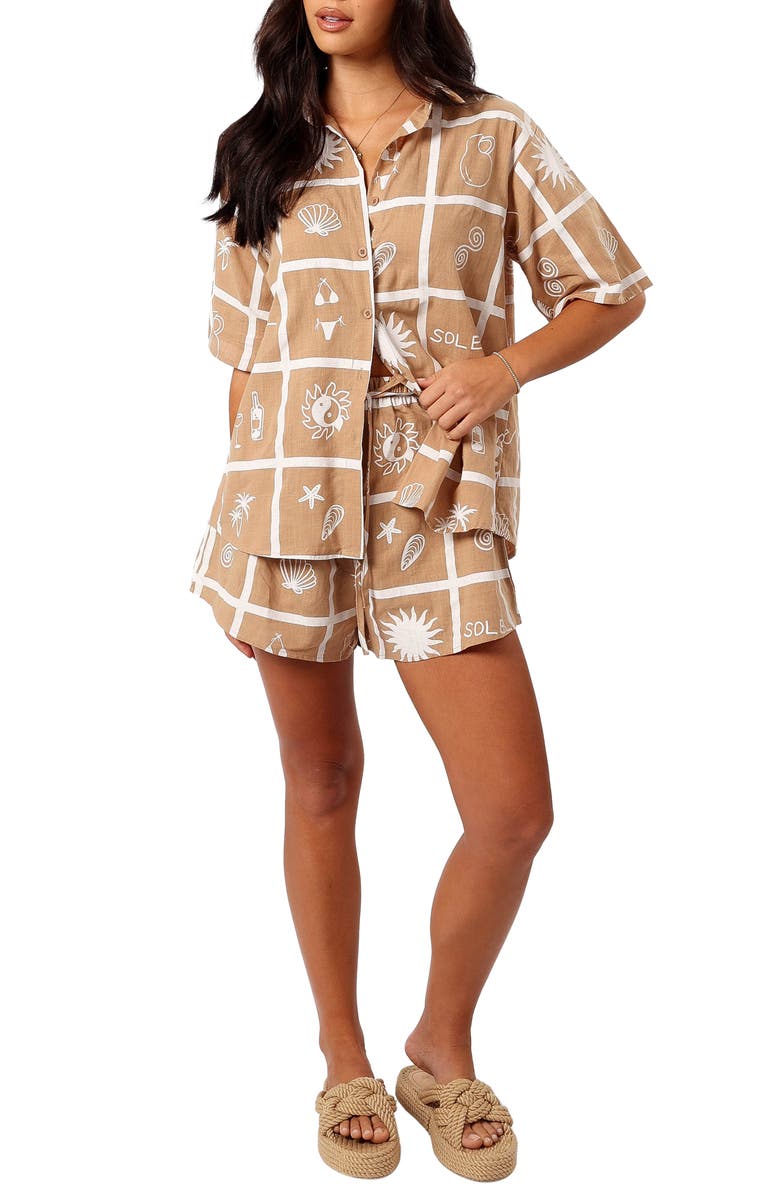 Petal & Pup Isabella Button-Up Shirt & Shorts Set, Main, color, Tan Soleil Print