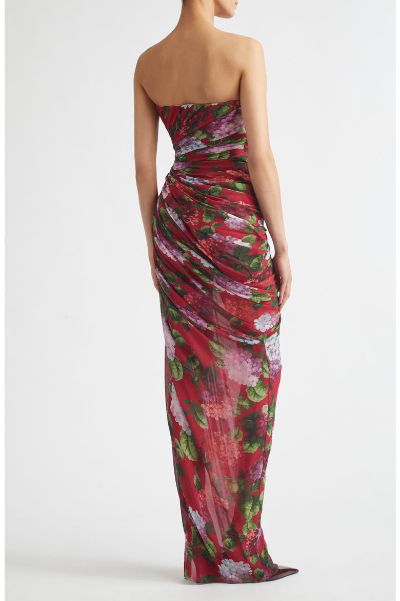 Hydrangea Print Strapless Ruched Silk Chiffon Gown, Alternate, color, CRANBERRY MULTI