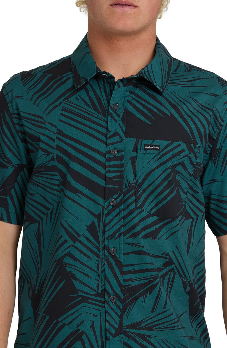 Quiksilver Aruba Palms Print Regular Fit Short Sleeve Cotton Button-Up Shirt, Alternate, color, Mediterranean