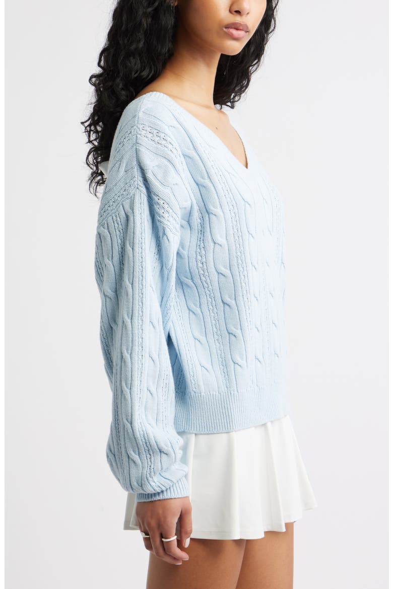 Bow Back Cable Knit Sweater, Alternate, color, BLUE- IVORY SATIN BOW