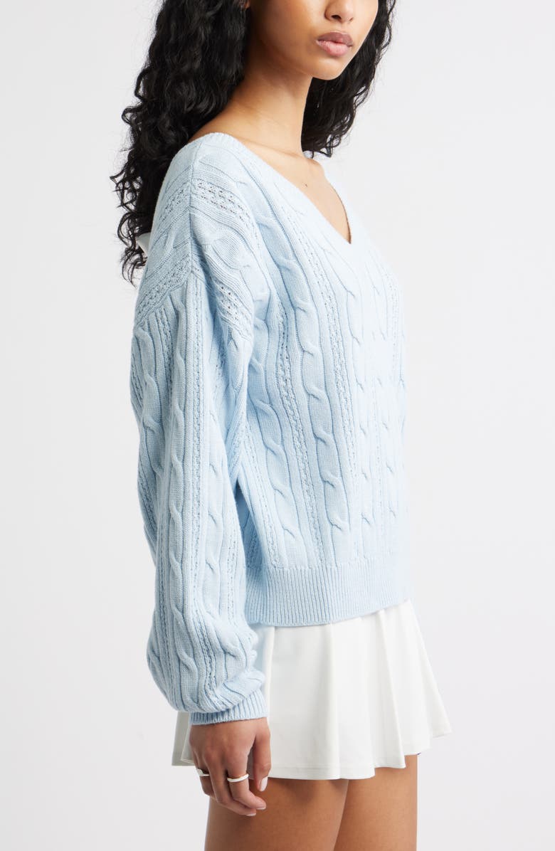 BP. Bow Back Cable Knit Sweater, Alternate, color, Blue- Ivory Satin Bow