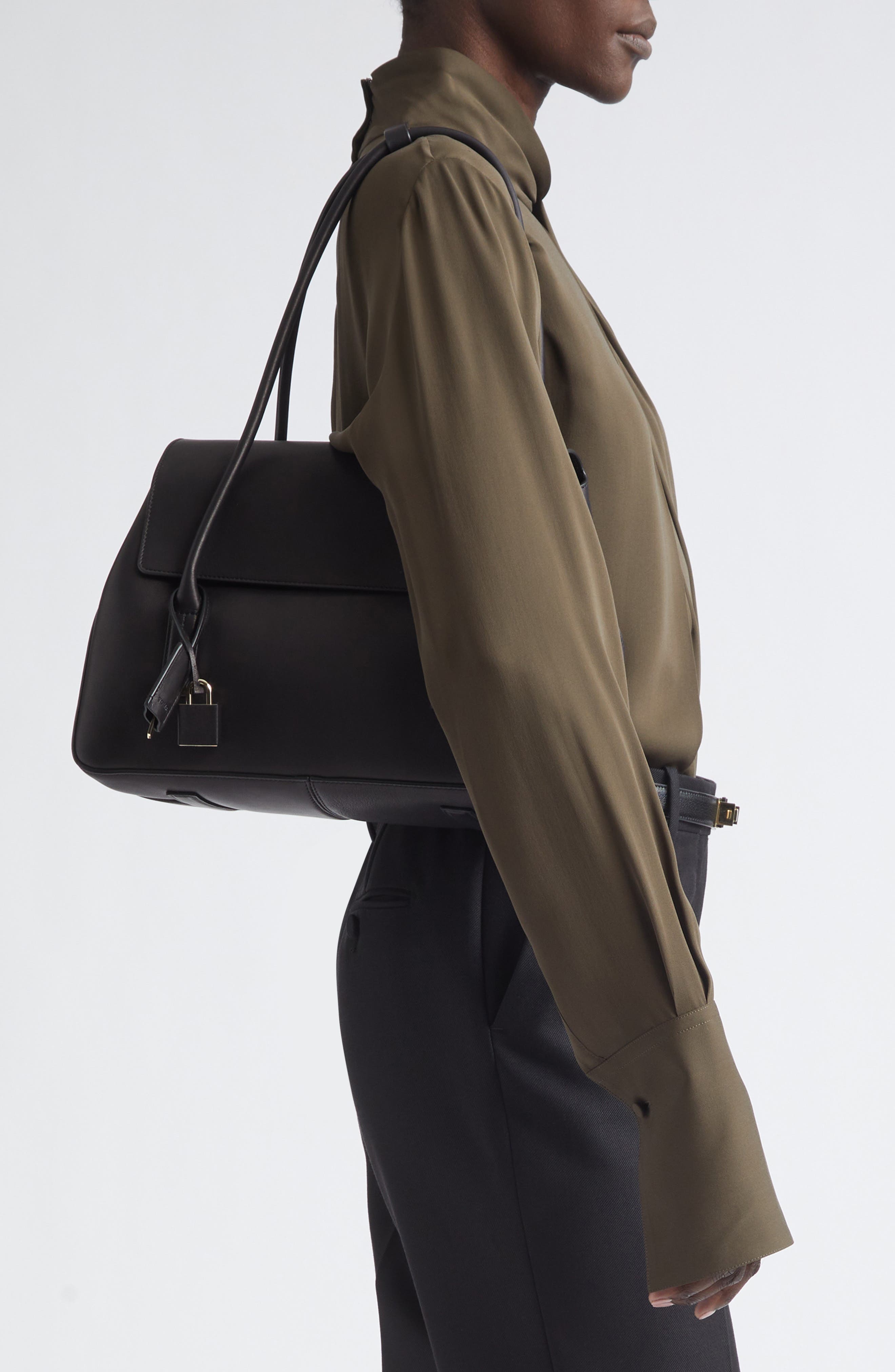 Medium Leather Shoulder Bag, Alternate, color, BLACK