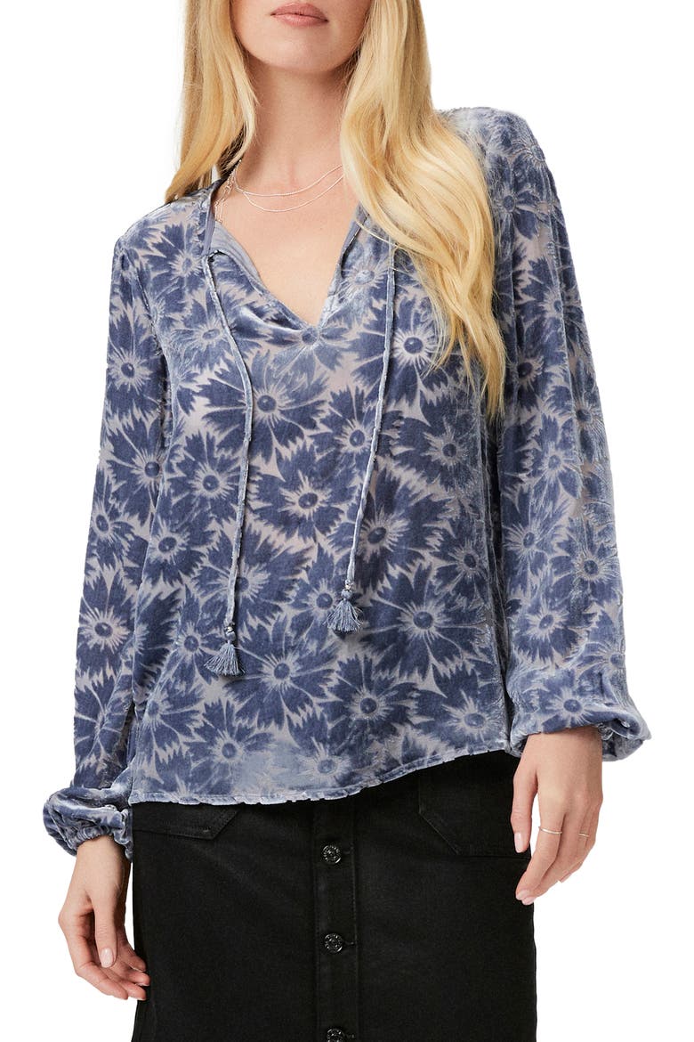 Selmah Velvet Flower Tie Neck Top, Main, color, ICD SLATE