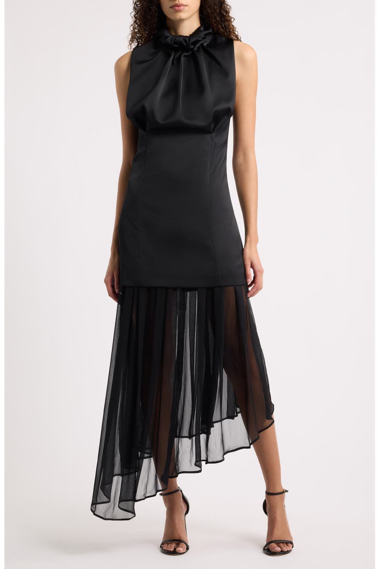 Draped High Neck Asymmetric Satin & Chiffon Dress, Main, color, BLACK