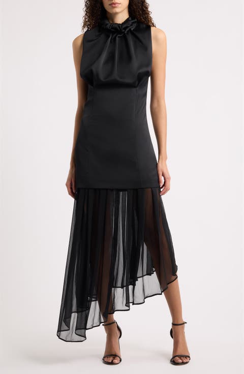 Draped High Neck Asymmetric Satin & Chiffon Dress