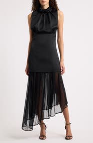 HUGO Draped High Neck Asymmetric Satin & Chiffon Dress