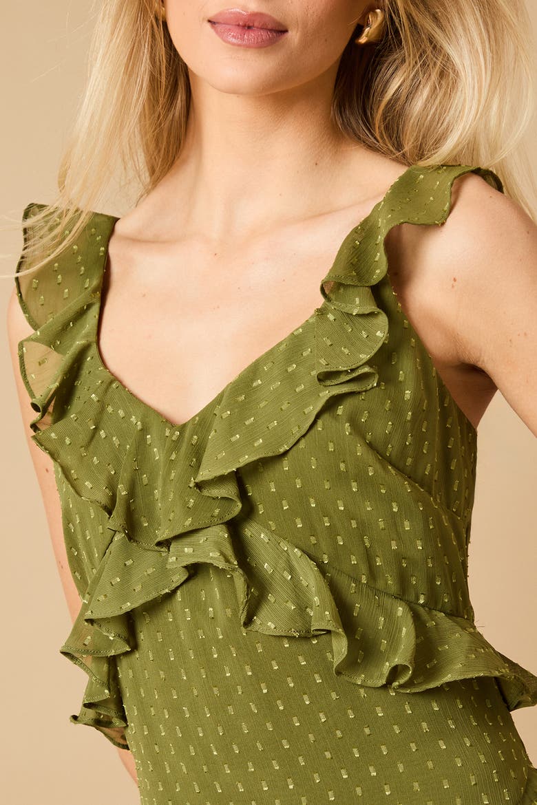 Dobby Ruffle V-Neck Tiered Midi Dress, Alternate, color, Khaki