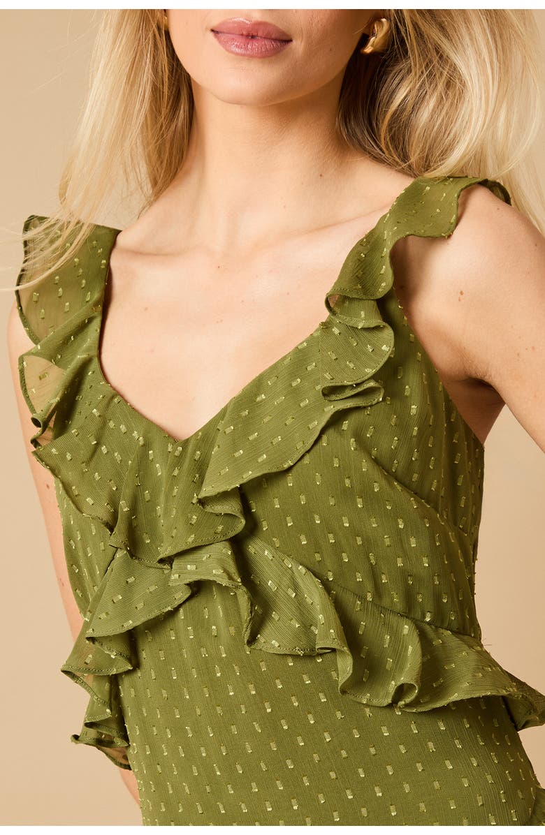 Oasis Dobby Ruffle V-Neck Tiered Midi Dress, Alternate, color, Khaki