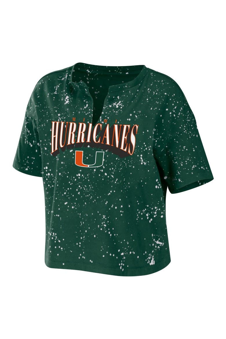 Women's WEAR by Erin Andrews Green Miami Hurricanes Bleach Wash Splatter Cropped Notch Neck T-Shirt, Alternate, color, Green