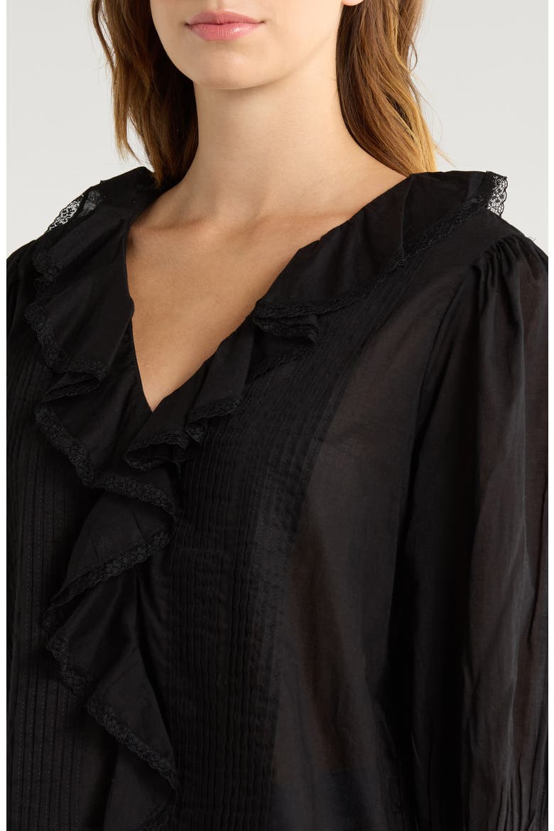 Mare Ruffle Cotton Button-Up Top, Alternate, color, BLACK