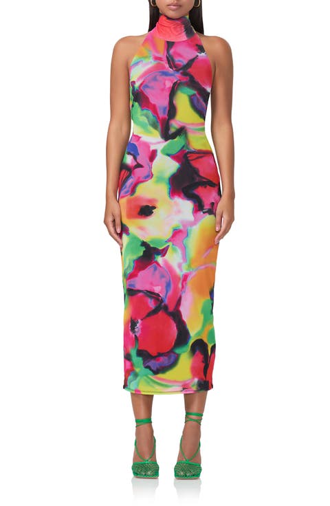 Olimpia Printed Turtleneck Mesh Halter Dress
