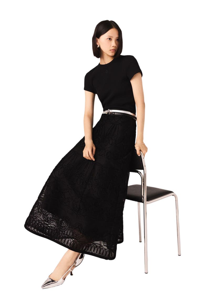 Embroidered basket-weave knit skirt, Alternate, color, Black