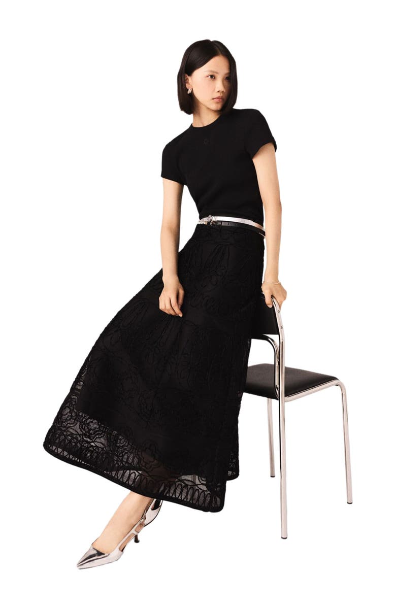 maje Embroidered basket-weave knit skirt, Alternate, color, Black