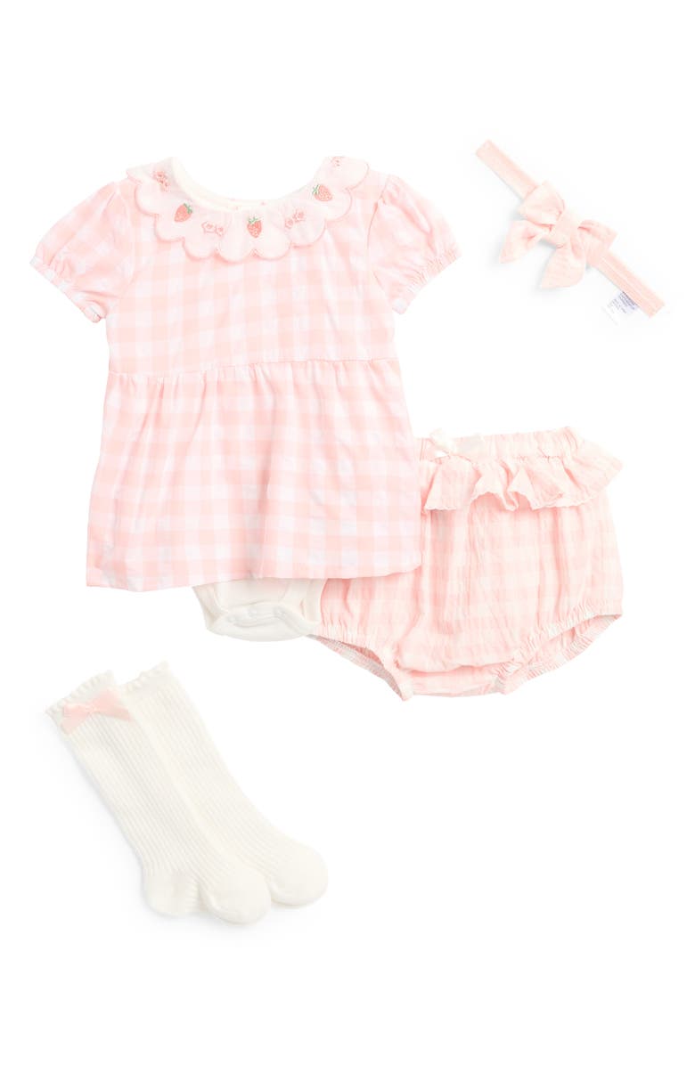 Nicole Miller Gingham Dress, Bloomers, Socks & Headband Set, Main, color, 