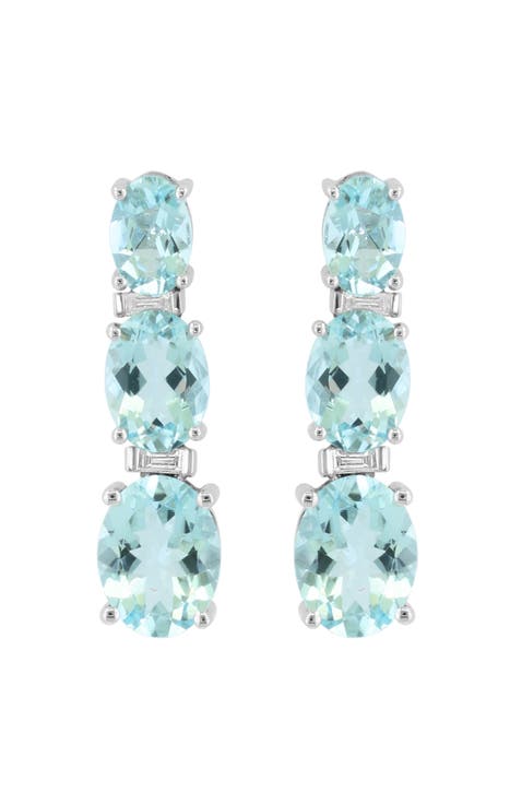 14K White Gold Triple Aquamarine & Diamond Drop Earrings