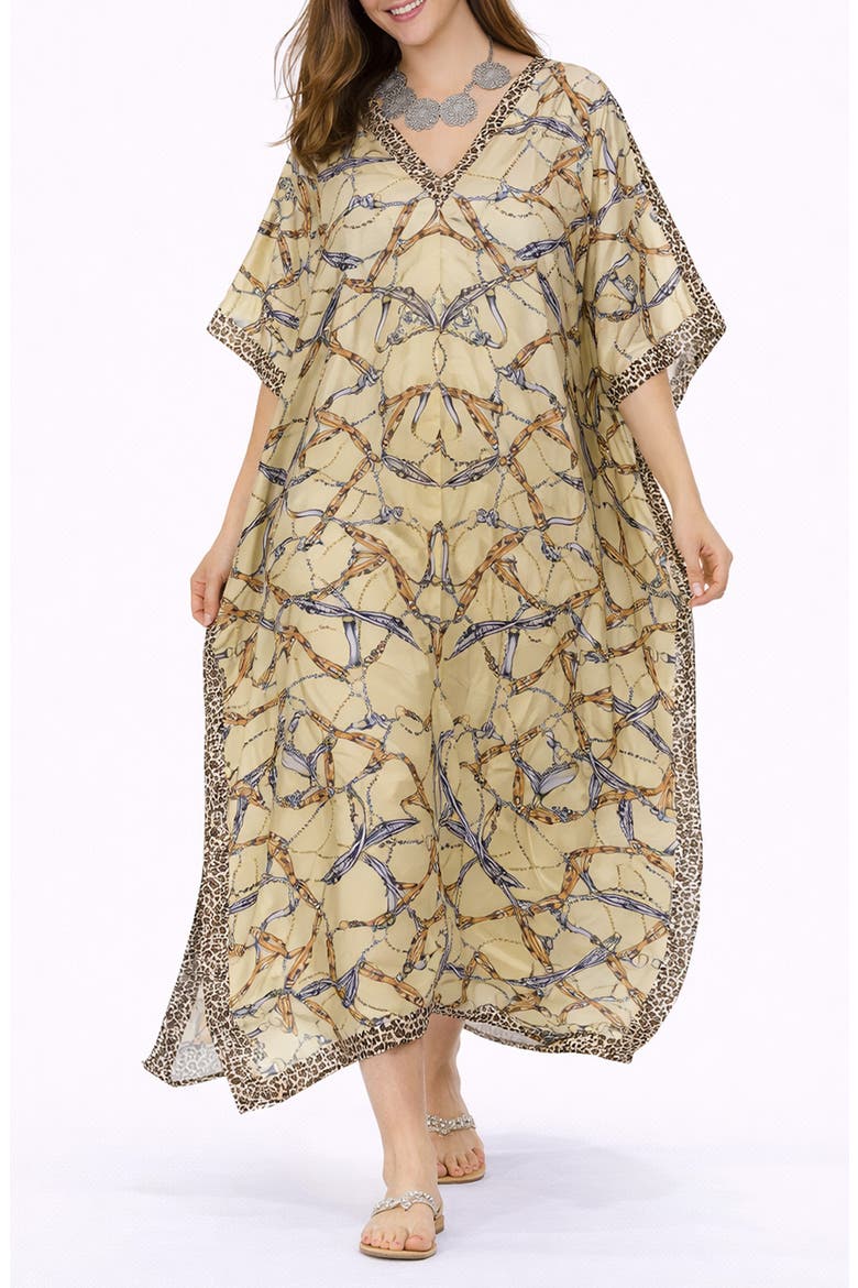 Print V-Neck Maxi Caftan, Main, color, YELLOW