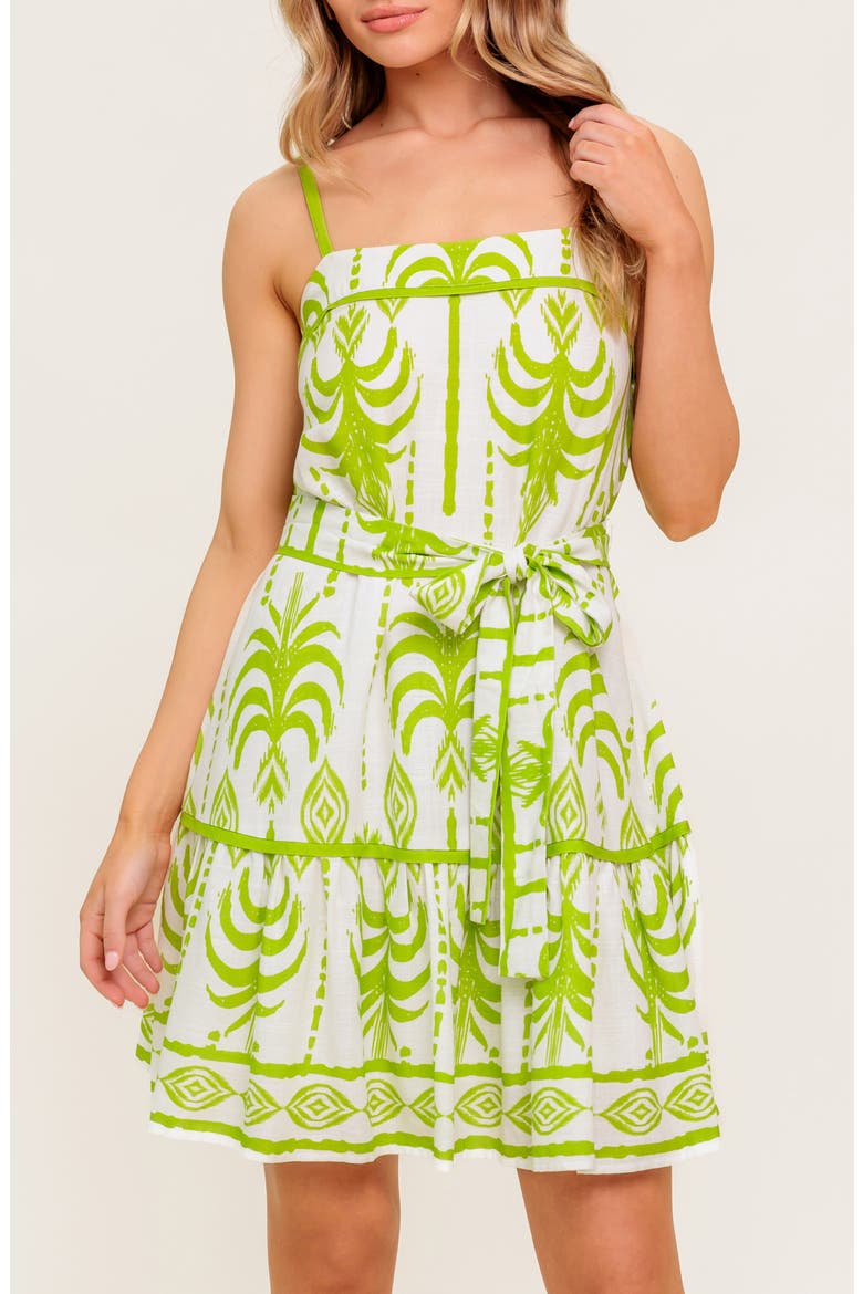 Abstract Frond Belted Linen Minidress, Alternate, color, IVORY GREEN