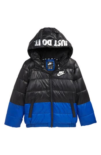 Nike Kids' Color Block Down Hooded Puffer Coat In Black
