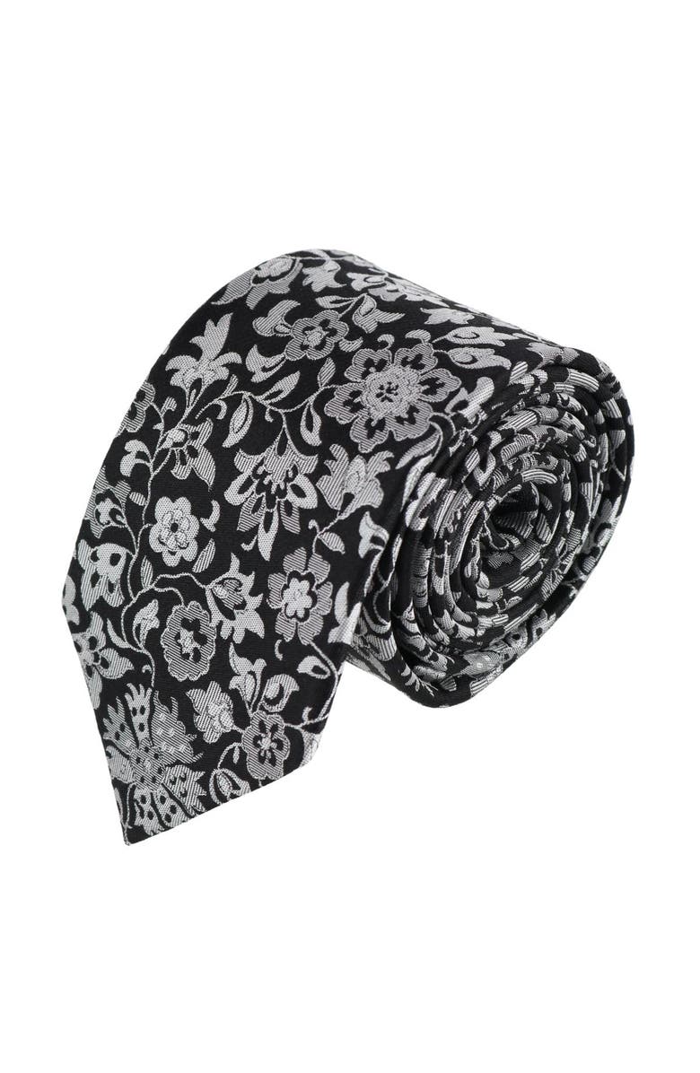 Trafalgar Arian Silver Floral and Vine Business Necktie, Main, color, Black And Silver