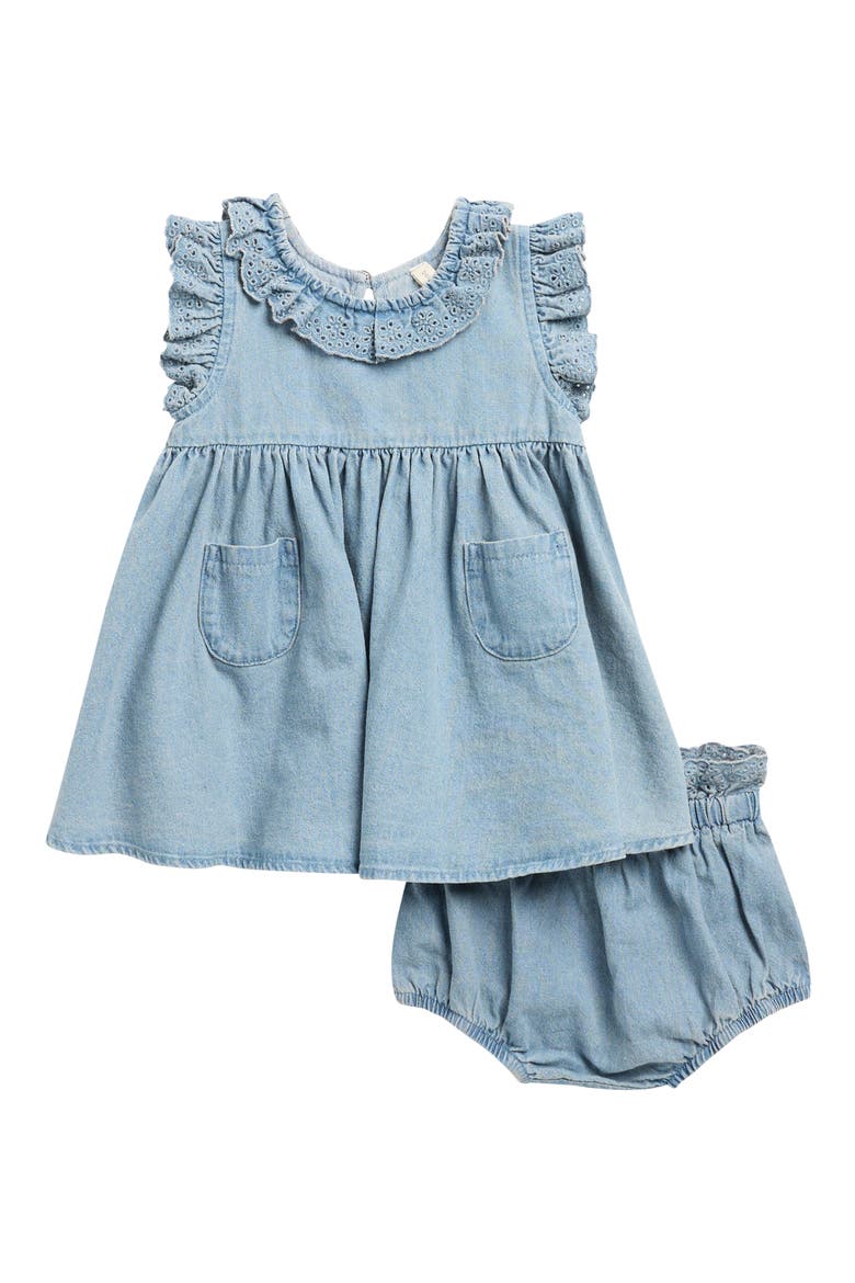 Sophie Eyelet Ruffle Organic Cotton Dress with Bloomers, Main, color, CHAMBRAY