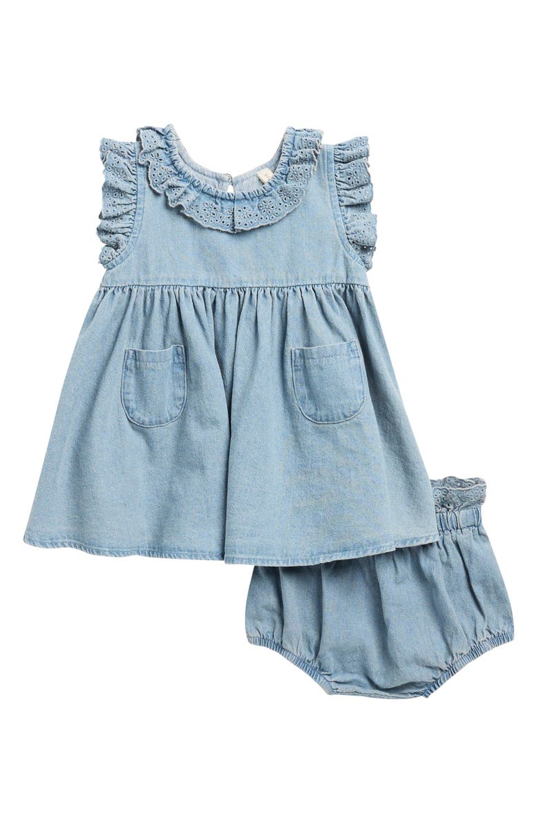 QUINCY MAE Sophie Eyelet Ruffle Organic Cotton Dress with Bloomers, Main, color, Chambray