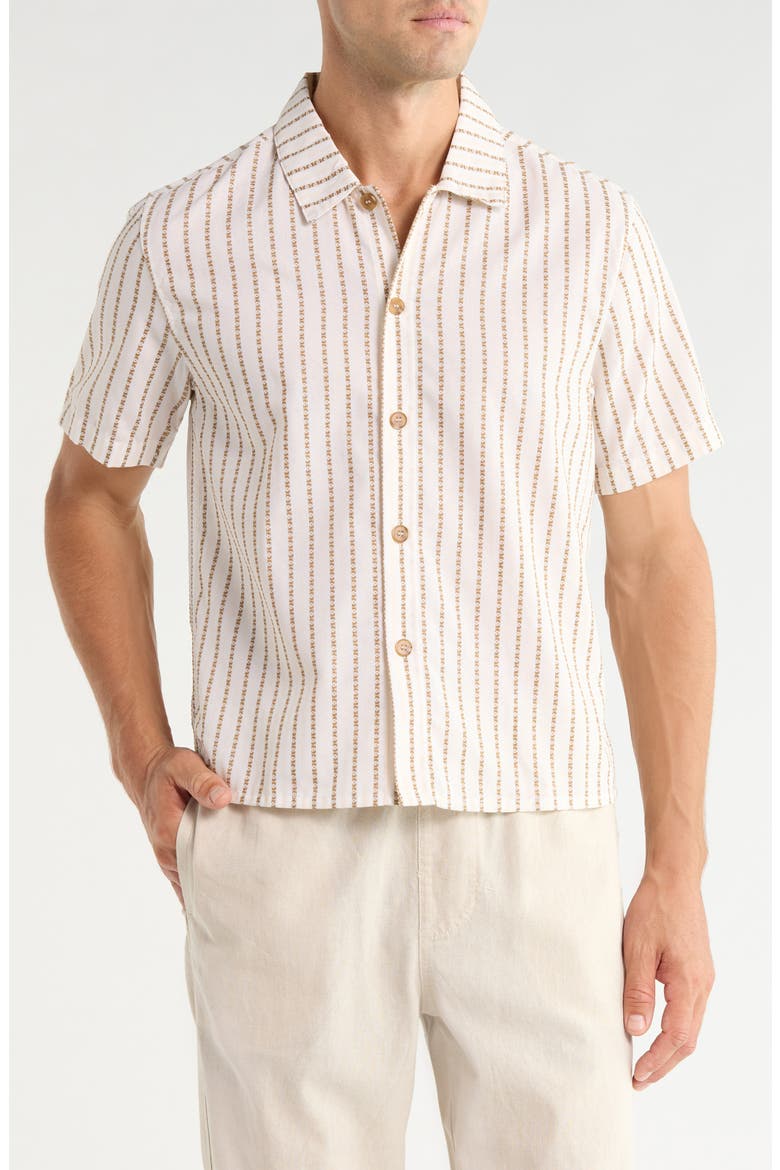 Vacation Stripe Crop Short Sleeve Cotton Button-Up Shirt, Main, color, BEIGE MULTI