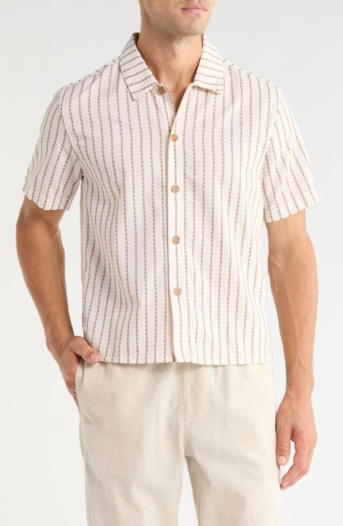Vacation Stripe Crop Short Sleeve Cotton Button-Up Shirt