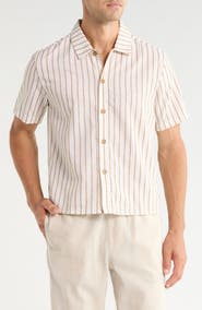 Rhythm Vacation Stripe Crop Short Sleeve Cotton Button-Up Shirt