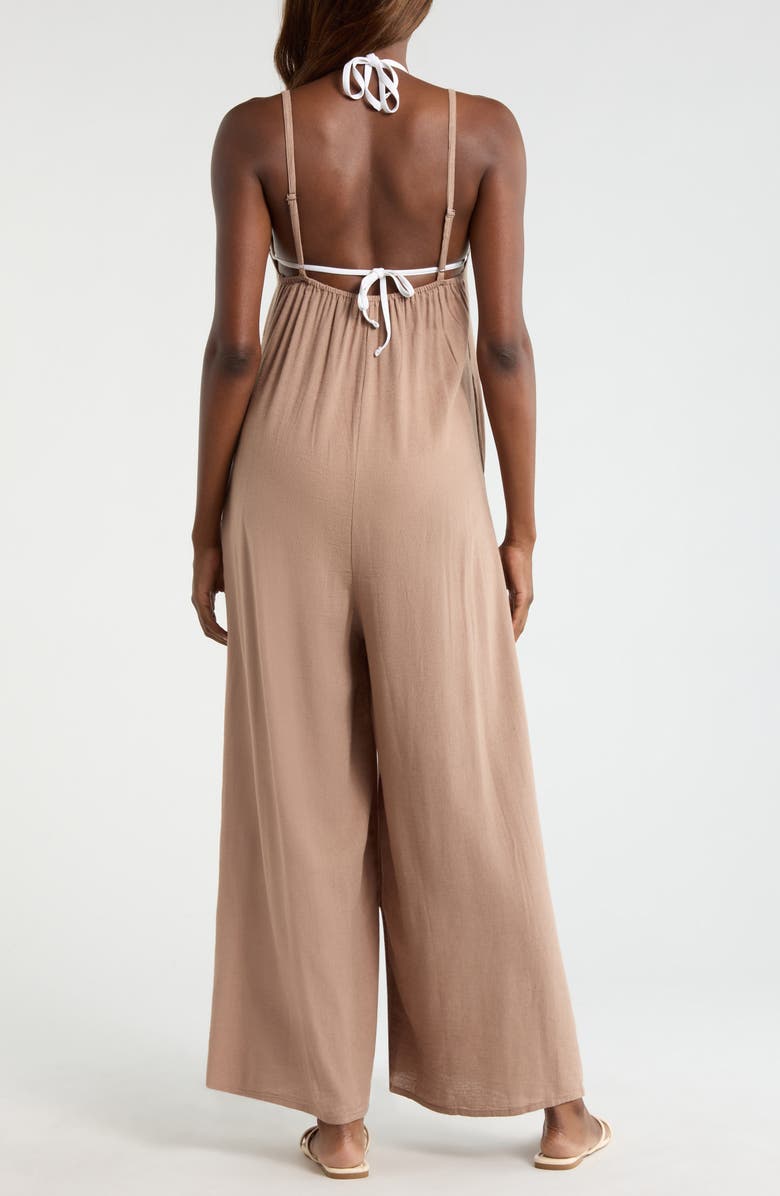 Elan Wide Leg Cotton & Linen Blend Cover-Up Jumpsuit, Alternate, color, Brown