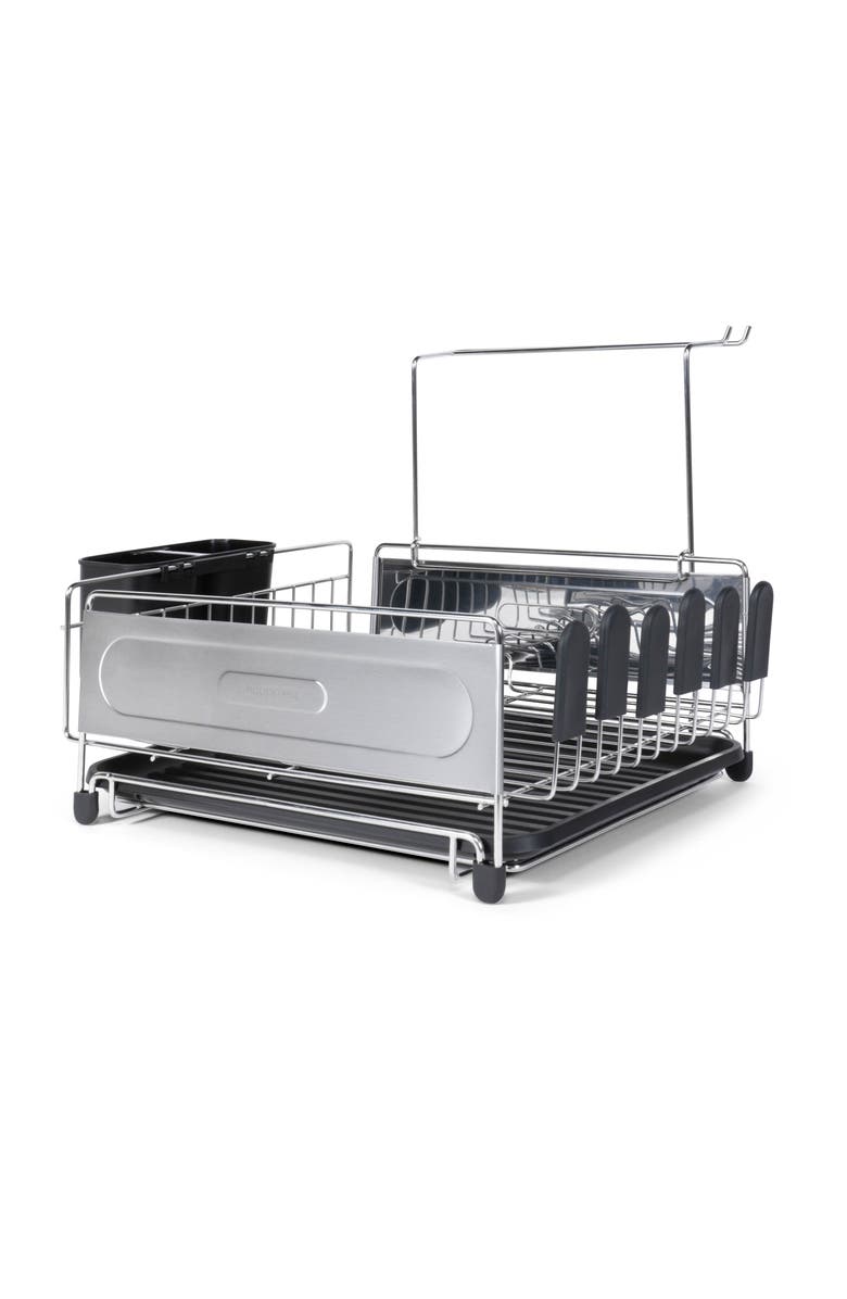 JONATHAN Y Compact 17.25" Fingerprint-Proof Stainless Steel Dish Drying Rack With Wine Glass Holder, Stainless Steel/Black, Alternate, color, Silver/Black