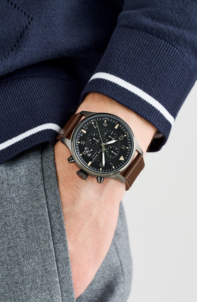 Ted Baker Fulmaar Chronograph Leather Strap Watch, 44mm, Alternate, color, Green