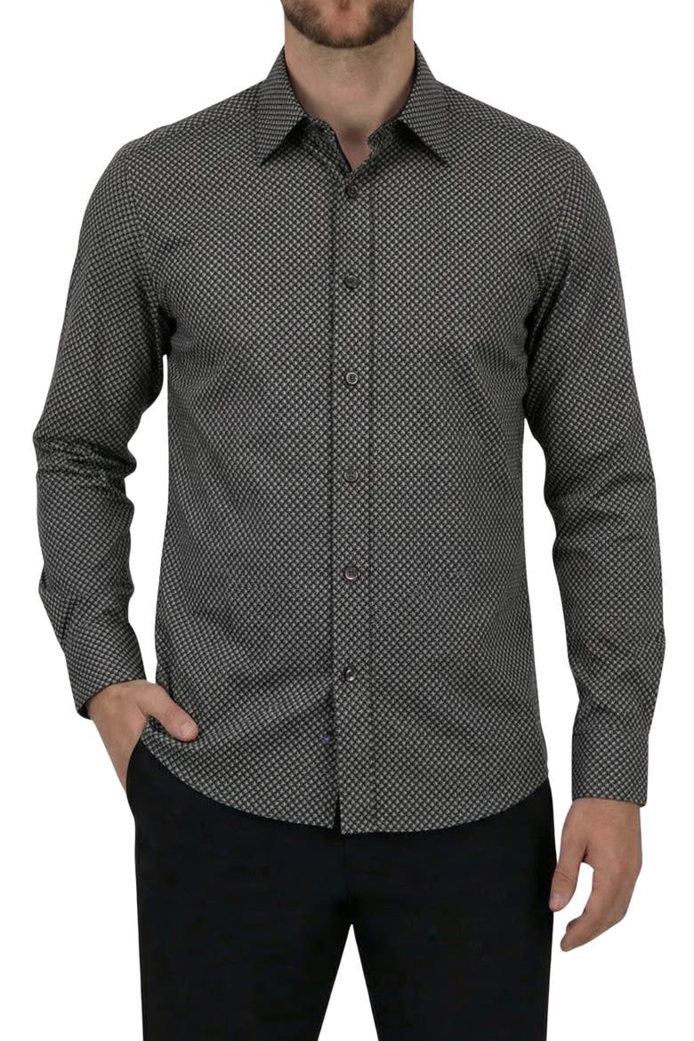 Regular Fit Geometric Print 4-Way-Stretch Button-Up Shirt, Main, color, GREY