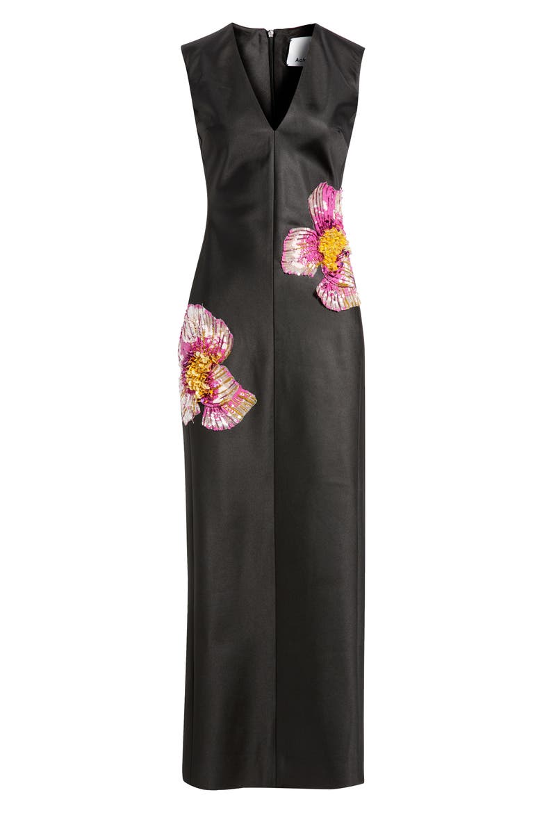 Eastonhill Sequin Bloom Crepe Maxi Dress, Alternate, color, BLACK