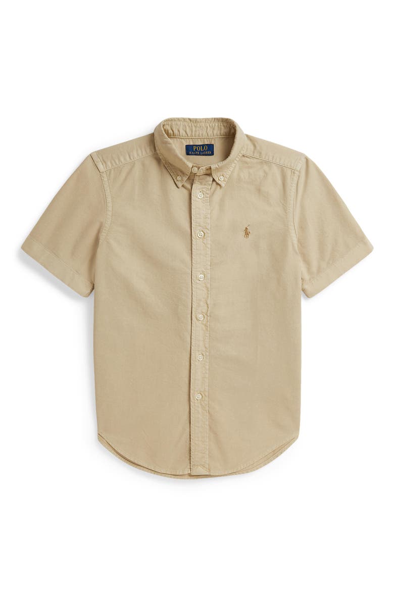 Kids' Short Sleeve Cotton Oxford Button-Down Shirt, Main, color, TALLOW CREAM