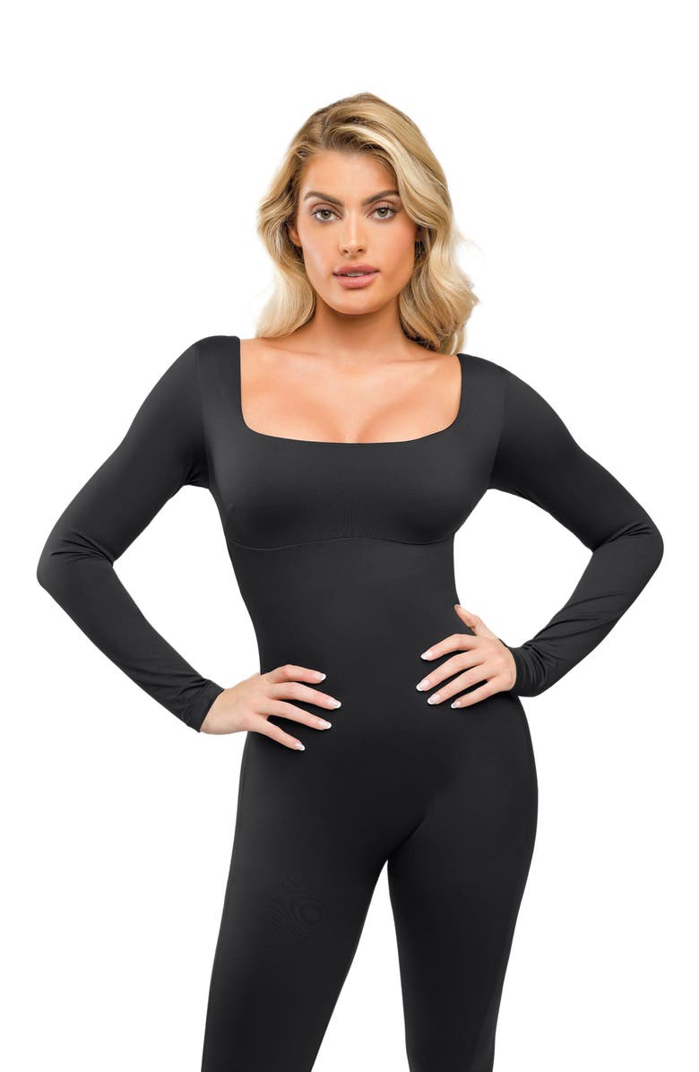 Popilush Shapewear Square Neck Long Sleeve Butt Lift Jumpsuit, Alternate, color, Midnight Black