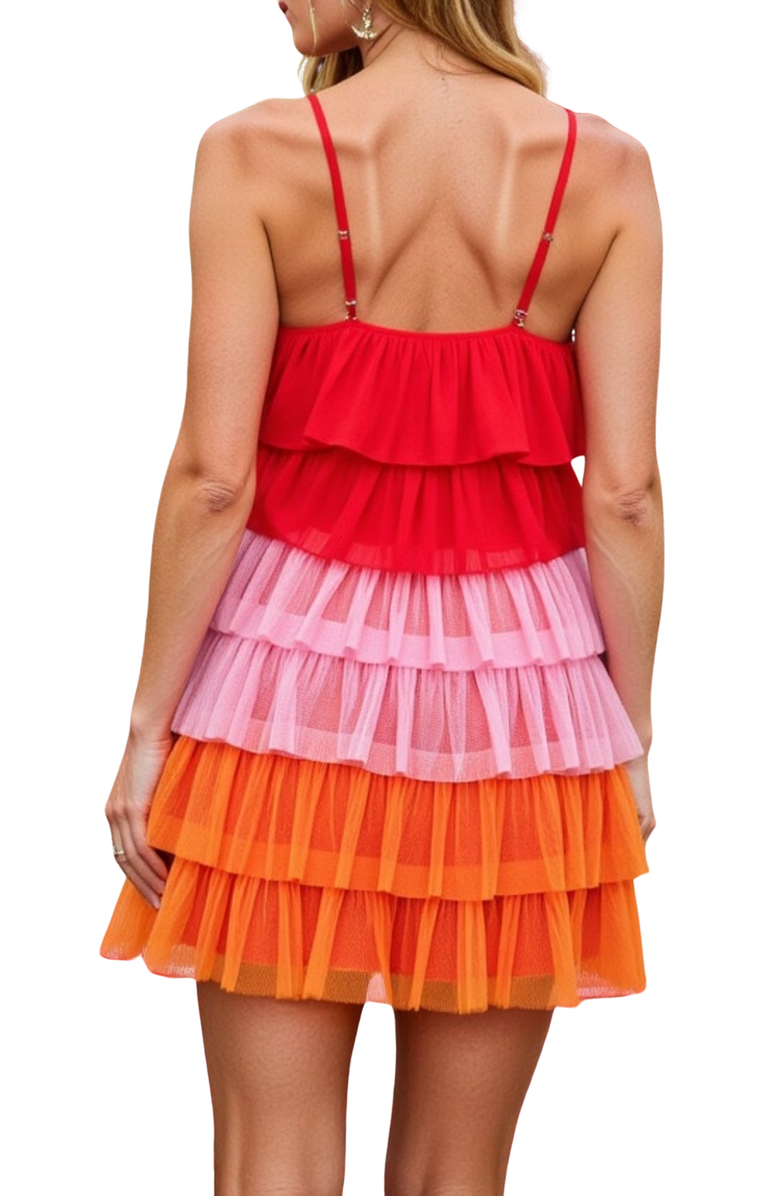 Knit and Lounge Colorblock Tiered Ruffle Mini Dress with Halter Neck, Alternate, color, 