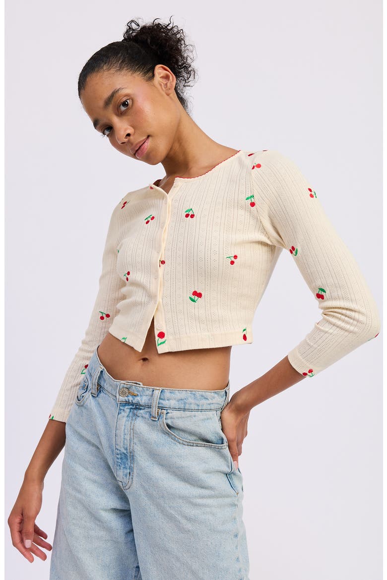 Embroidered Cotton Pointelle Cardigan, Alternate, color, YELLOW RED