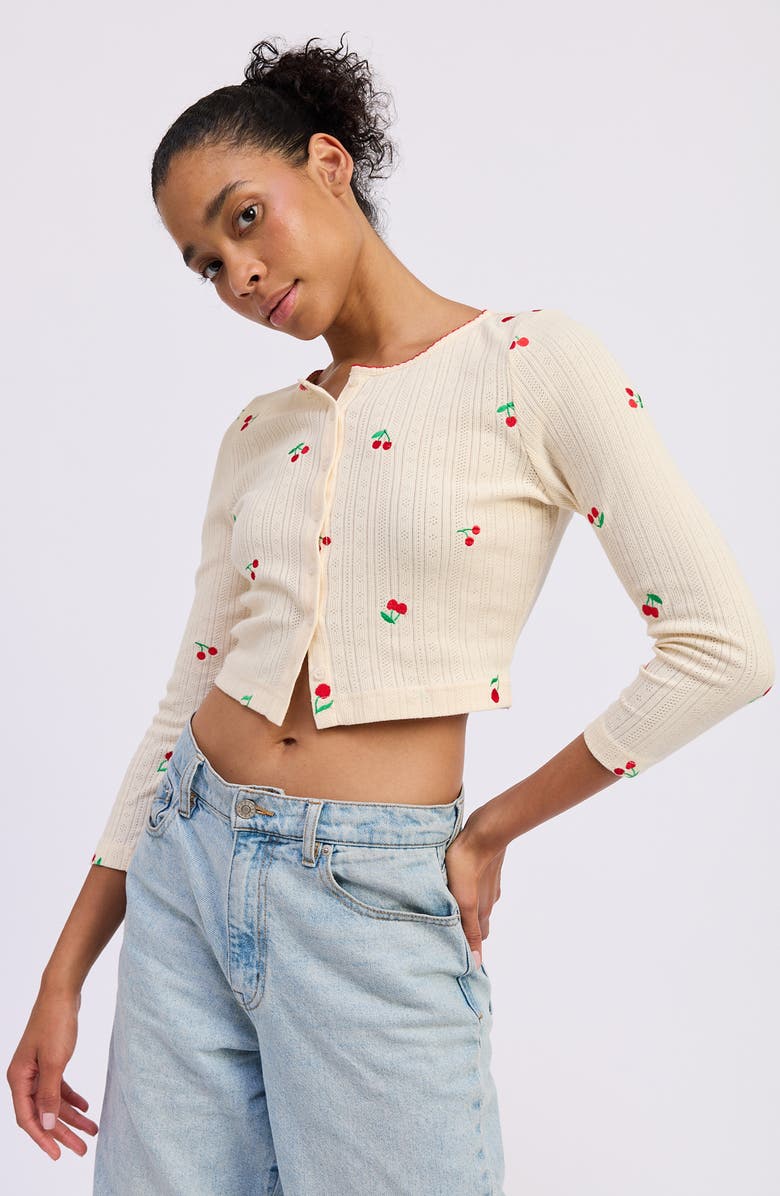 JACQUIE THE LABEL Embroidered Cotton Pointelle Cardigan, Alternate, color, Yellow Red