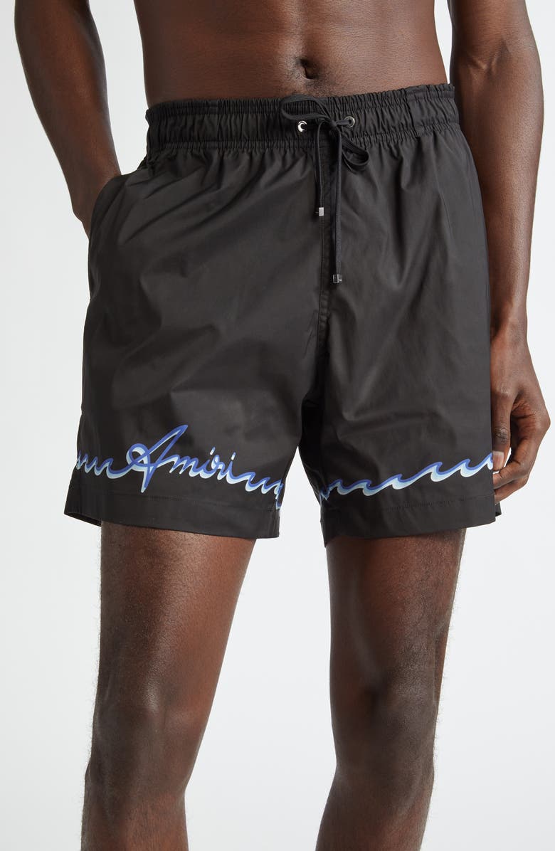 AMIRI Wave Logo Swim Trunks, Main, color, Black