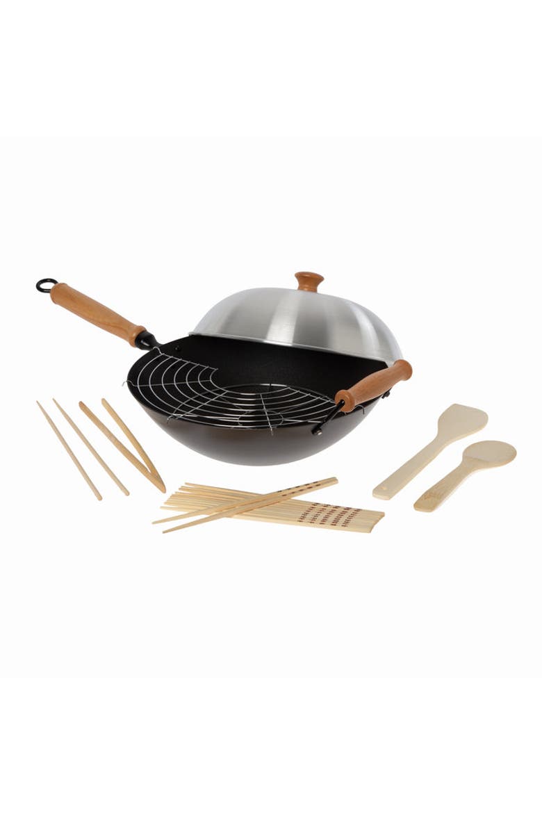 Carbon Steel Ceramic Nonstick Flat Bottom Wok Set with Lid and Maple Handles, 10 Pieces, Main, color, Black