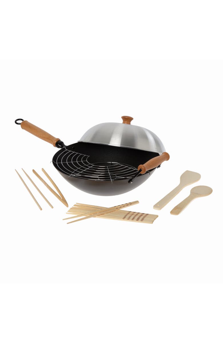 JOYCE CHEN Carbon Steel Ceramic Nonstick Flat Bottom Wok Set with Lid and Maple Handles, 10 Pieces, Main, color, Black