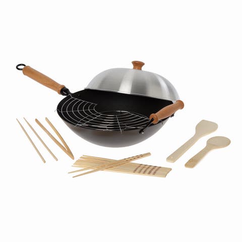 Carbon Steel Ceramic Nonstick Flat Bottom Wok Set with Lid and Maple Handles, 10 Pieces