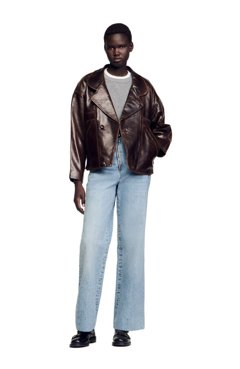 SANDRO Oversized leather jacket, Alternate, color, Brown