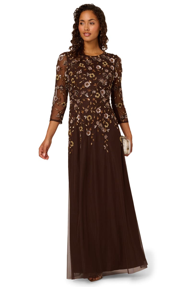 Adrianna Papell Beaded Mesh Gown, Alternate, color, Chocolate