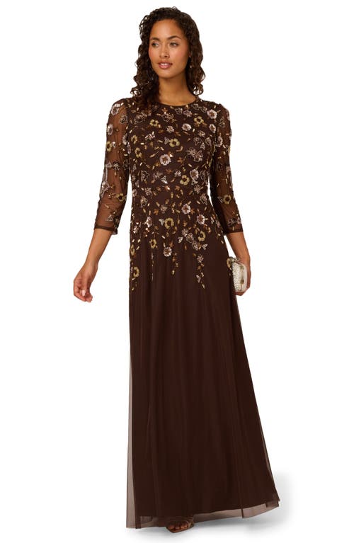 Adrianna Papell Beaded Mesh Gown In Brown