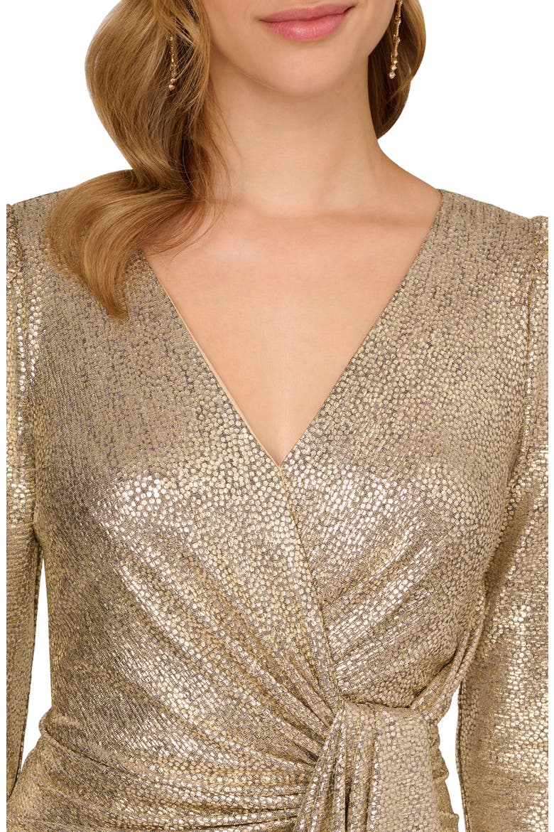 Metallic Foil Long Sleeve Knit Faux Wrap Dress, Alternate, color, LIGHT GOLD