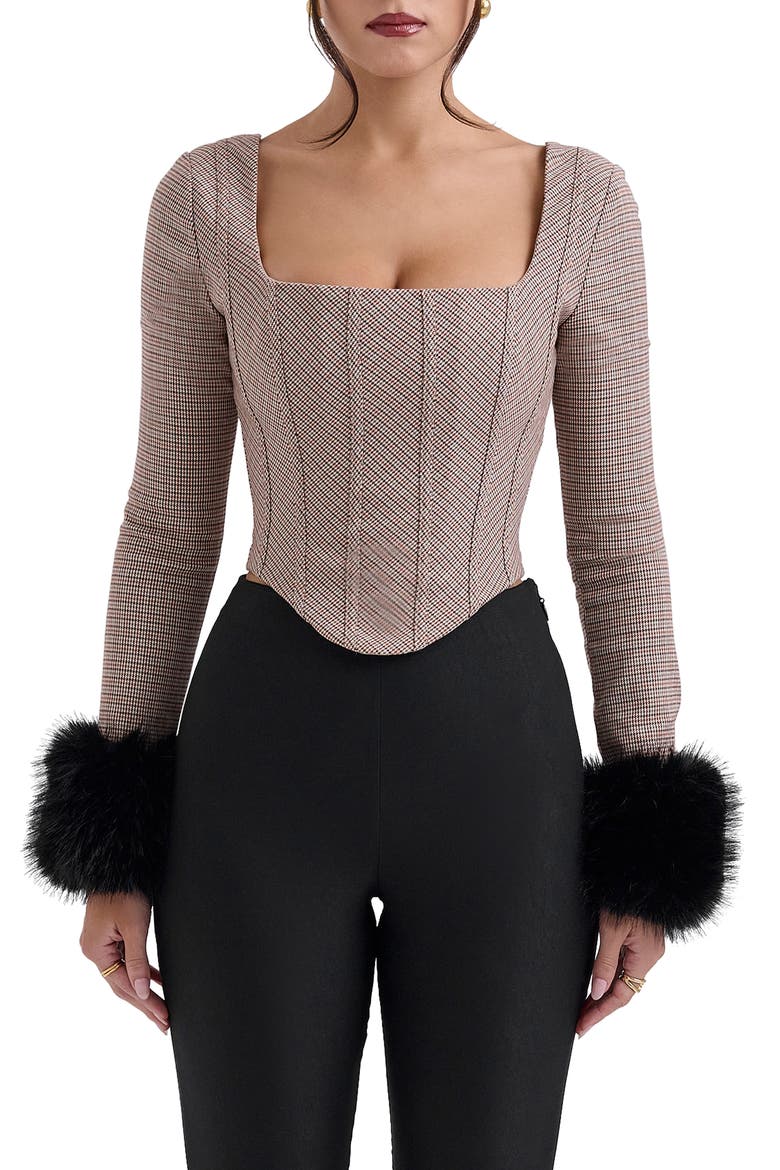 Antonia MIcrocheck Faux Fur Cuff Corset Top, Main, color, BROWN CHECK