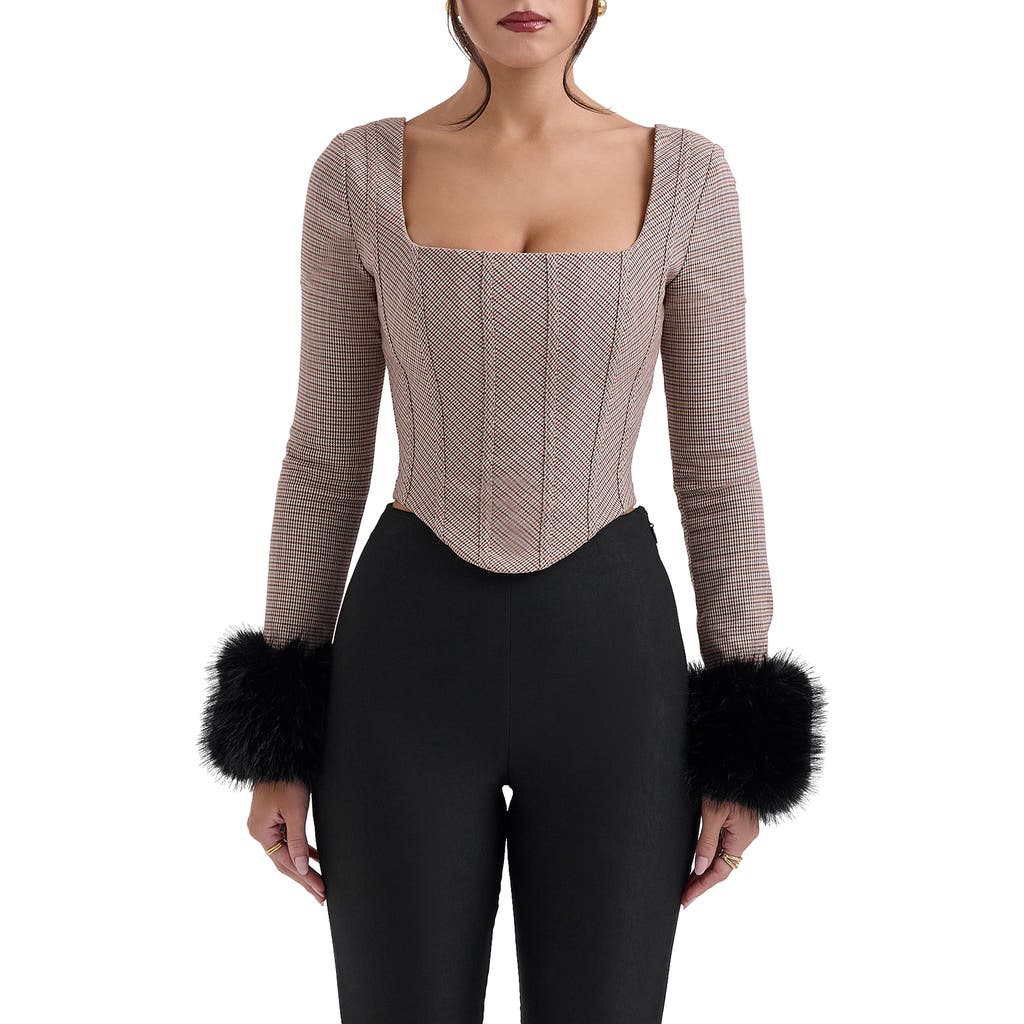 Shop House Of Cb Antonia Microcheck Faux Fur Cuff Corset Top In Brown Check