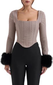 HOUSE OF CB Antonia MIcrocheck Faux Fur Cuff Corset Top