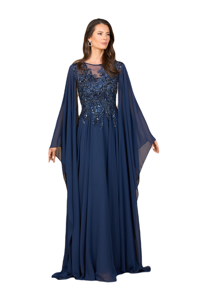 Chiffon A-line Long Gown with Cape Sleeves, Main, color, Gunmetal